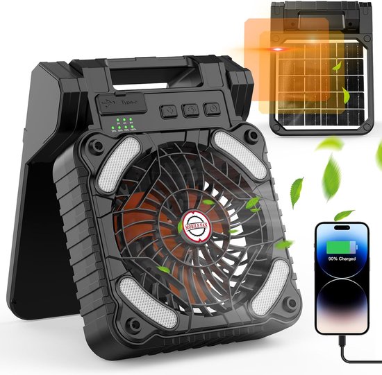 Solarbetriebener Campingventilator Mit Led-laterne，10400-mah-akku，mit Timer Und Umweltfreundlichem Design Für Camping，schwarz-orange