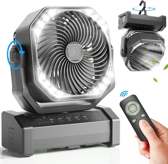 Tragbarer Ventilator (20000 Mah) Mit Led-lampe，4 Geschwindigkeitsstufen Und Usb-anschluss Für Camping