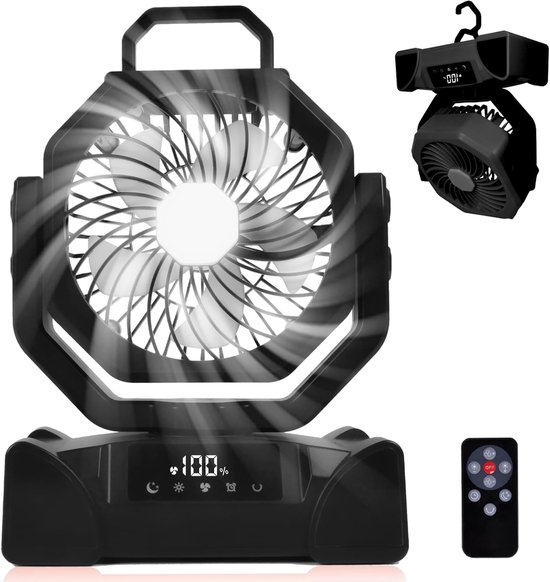 Wiederaufladbarer，zeltventilator Mit Led-laterne Und Fernbedienung，5 Geschwindigkeitsstufen，3 Lichtfarben Und 4 Timer-modi