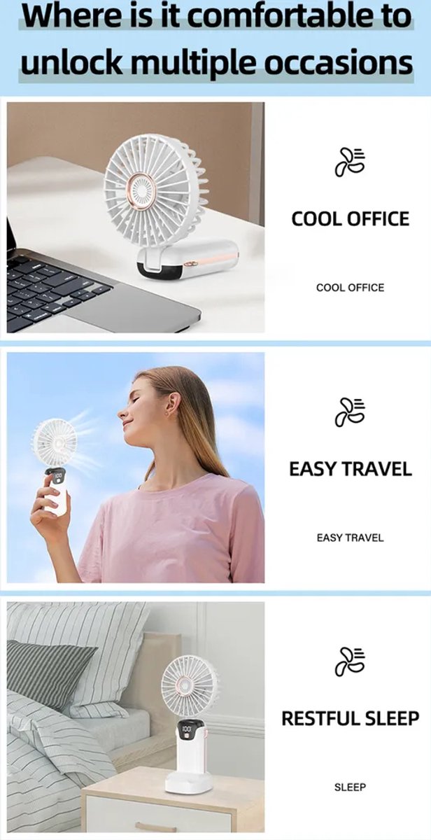 Dieser Tragbare Mini-handventilator Verfügt Über Ein Led-display，eine Batterieanzeige，5 Geschwindigkeitsstufen