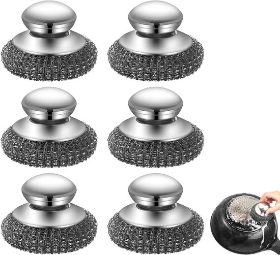 Set Mit 6 Spiralförmigen Edelstahlkugeln，stahlwoll-scheuerschwamm Mit Edelstahlgriff，hergestellt Aus Recyceltem Edelstahl