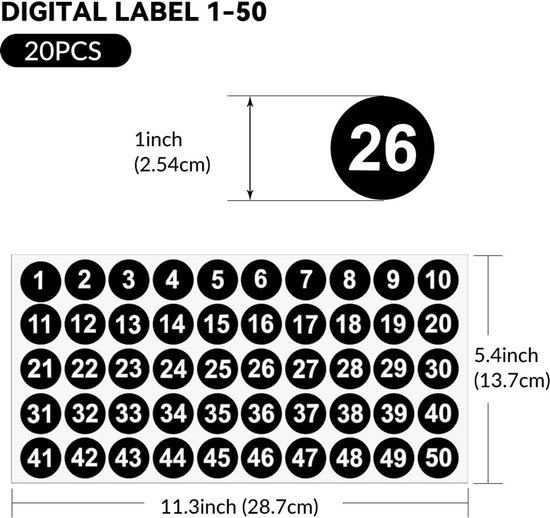 20 Stück，aufkleber Für Die Zahlen 1-50，20 Runde Zahlenaufkleber，kleine Schwarze Zahlenaufkleber，vorratsräume Und Innenräume (schwarz)
