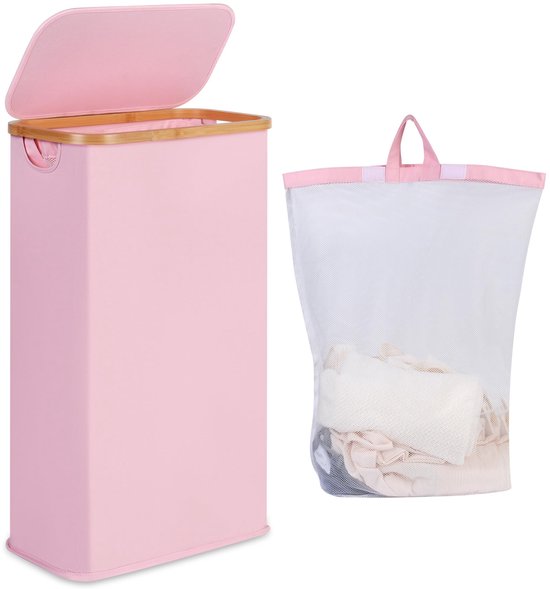 Iegrow 60l Wäschekorb Mit Deckel，schmaler Wäschekorb Mit Herausnehmbarem Und Waschbarem Innenbeutel，waschküche Und Badezimmer (pink)