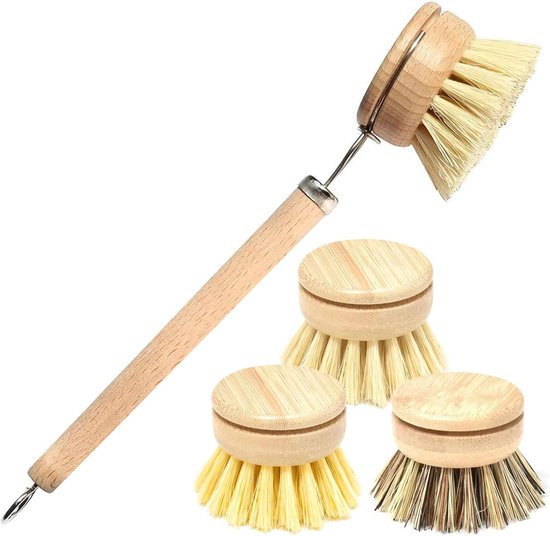 Natürliche Spülbürste, Küchenbürsten, Reinigungsset, Set Mit 3 Ersatzköpfen Für Töpfe, Pfannen, Flaschen Und Spülbecken