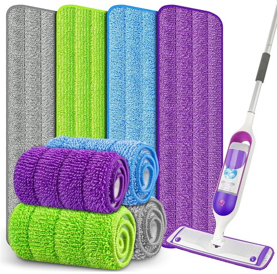 Set Mit 4 Wiederverwendbaren Mikrofasertüchern Und Einem Waschbaren Mikrofasermopp (41,5 X 14 Cm)，lila + Grau + Grün + Blau