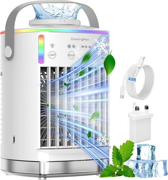 4-in-1-luftkühler – Tragbarer Luftkühler Mit Nebelfunktion – 4 Geschwindigkeitsstufen – 700 Ml – Rgb-beleuchtung & Timer