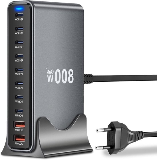 Leistungsstarkes 800-w-schnellladegerät Mit 10 Anschlüssen, 8 Usb-c Und 2 Usb-a, Multi-geräte-ladestation Für Smartphones, Tablets Und Laptops