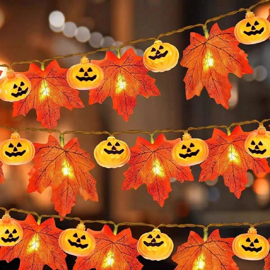 Led-lichterkette Für Halloween，lichterkette Mit Batteriefach，festliche Stimmungslichtkette Mit Ahornblättern Und Kürbissen，6 Meter