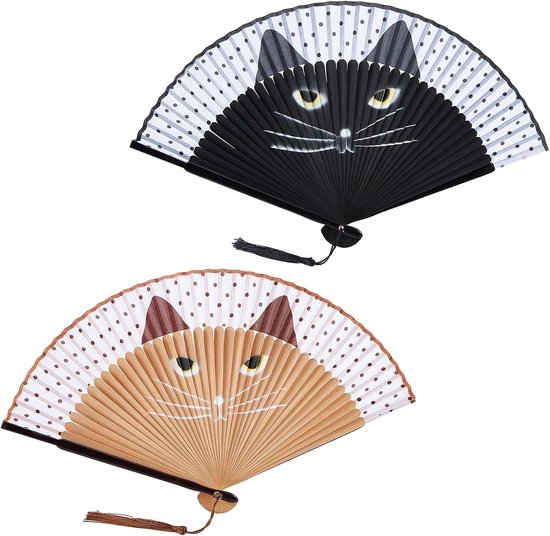 2 Stück Faltbare Handfächer, Holografisch, Groß, Aus Bambus, Schillernd, Rave-design, Tragbar, Mit Cartoon-katzenkopf