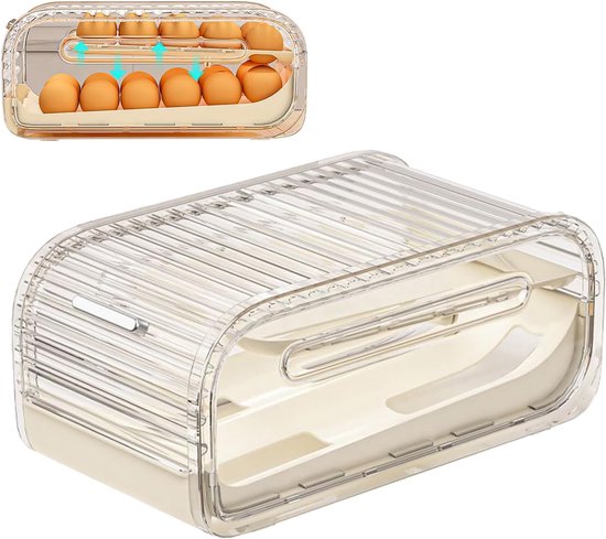 Eierhalter Für Den Kühlschrank – Eierorganizer – Küchenorganisation – Automatisches Einschieben Zum Befüllen – 32 X 17 X 14 Cm – Transparent