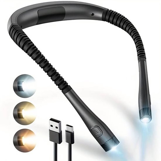 Wiederaufladbare Nackenleuchte，flexible Led-leselampe，verstellbare Freisprech-leselampe，dimmbare Lampe Mit 3 Farben，geeignet Zum Lesen，schwarz
