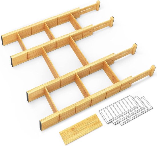 Verstellbare Schubladeneinteiler Aus Bambus Mit Einsätzen Und Etiketten，für Küche Und Büro，4 Einteiler Mit 9 Einsätzen，für Zuhause Und Sideboards