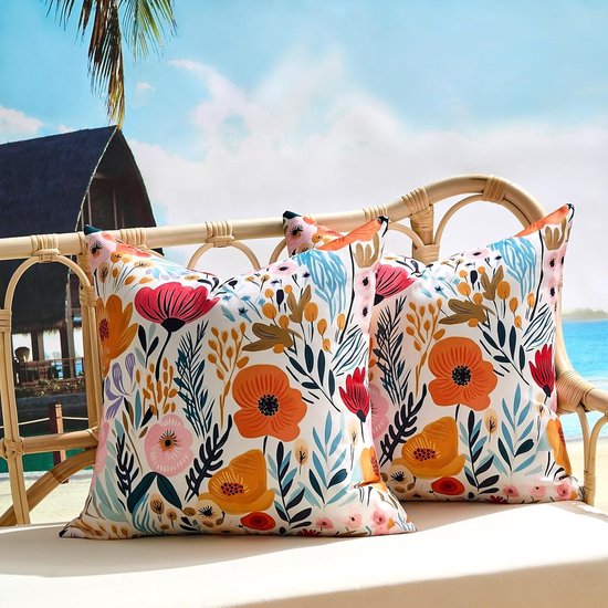 Set Mit 2 Wasserfesten Outdoor-kissen，rosa-orangefarbene Zierkissen Mit Blumenmuster，sofa Und Wohnzimmer