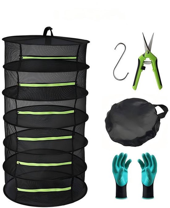 Trockennetz，6-lagiger，faltbarer Trockenkorb Mit Reißverschluss Zum Trocknen Von Pflanzen，inklusive Gartenhandschuhen，gartentüchern Und Haken