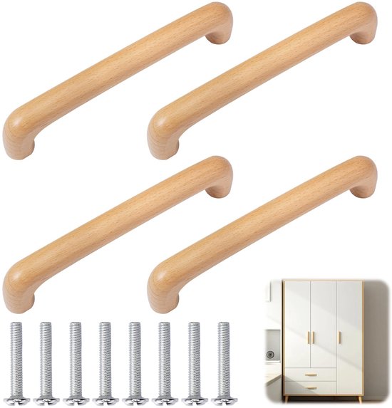 Dailygoods，4 Stück Holzgriffe Für Schränke，143 Mm Holzgriffe，schrankgriff Mit 8 Schrauben，möbelgriff Mit Gewachster Oberfläche，holz-druckgriff