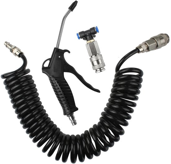 Schwarzes Druckluftpistolen-set – 5 M Pu-spiralschlauch – Edelstahldüse – Schnellanschluss – Geeignet Für Pcs, Autos Und Möbel