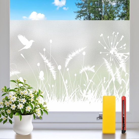 Elektrostatische Sichtschutzfolie 44,5 X 200 Cm Mit Gras- Und Vogelmuster，dekorative Und Wiederverwendbare Verdunkelungsfolie