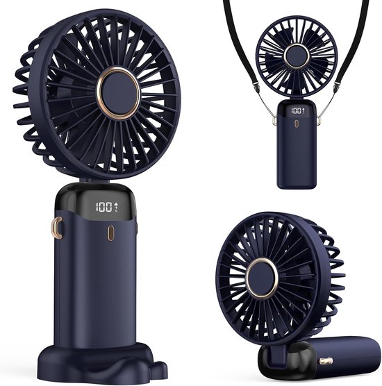 Tragbarer 4200 Mah Usb-ventilator Mit Led-anzeige，3-in-1: Handventilator，nackenventilator Und Tischventilator，faltbar Und Um 90° Neigbar
