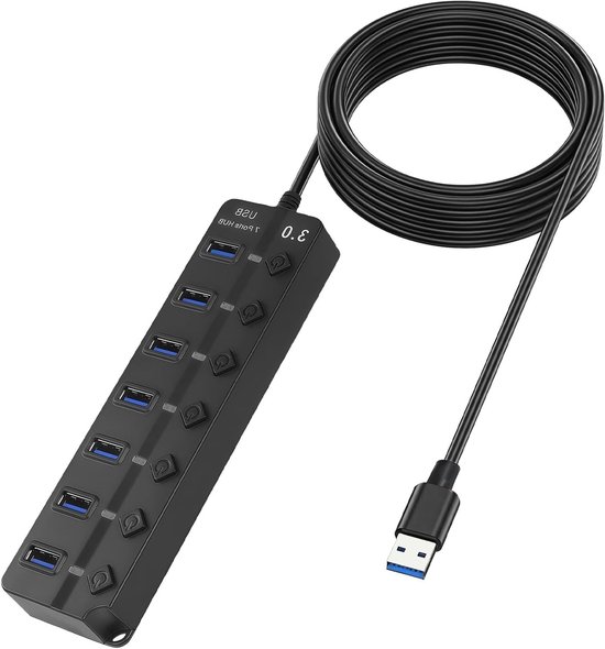 7-port-usb-hub Mit Netzteil, Separaten Schaltern Und Leds, Usb 3.0/2.0-hub Für Pc, Laptop, Mac, Windows, Linux, 1,2 M Kabel
