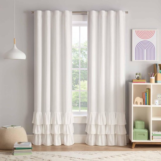 Verdunkelungsvorhang Mit Kaskadenrüschen Für Kinder，213 X 61 Cm，thermaback 100 % Verdunkelung Mit Oberer Schienenschiene，1 Fensterpaneel，weiß
