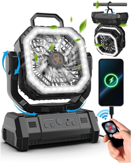 Wiederaufladbarer Campingventilator – 20000 Mah Akku Mit Led-licht – Leise – Fernbedienung – 4 Einstellungen