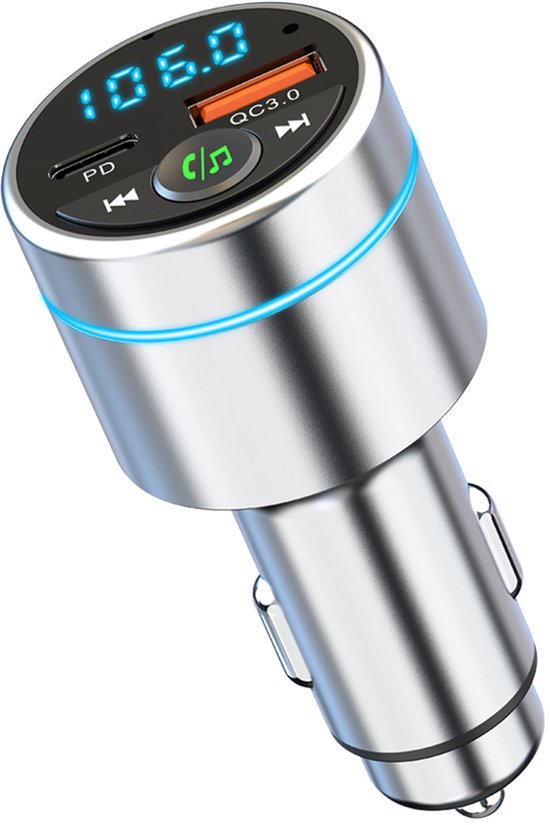 Bluetooth-auto-adapter，[vollmetall] Fm-transmitter V5.3，pd 30w + Qc 3.0 Schnellladegerät Fürs Auto，zigarettenanzünderadapter，hi-fi-musik (silber)