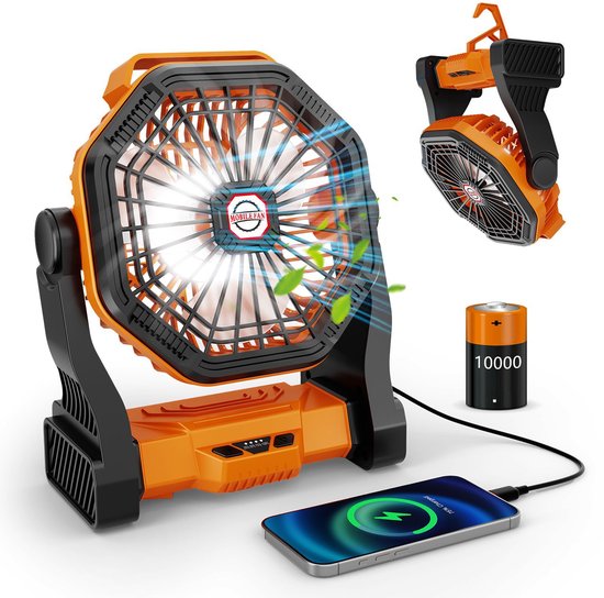 Campingventilator Mit 20000mah Akku，4 Windgeschwindigkeiten，leiser Usb-ventilator Mit Led-beleuchtung，270° Drehbar，geeignet Für Reisen