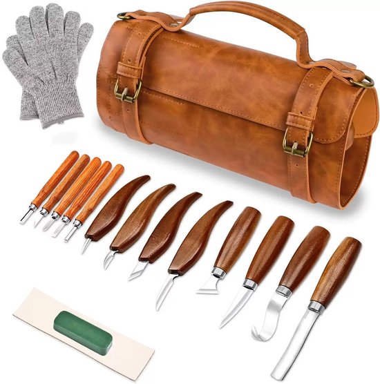 Diese Werkzeugtasche Für Holzschnitzer Enthält 17 Werkzeuge In Einem Lederbeutel，darunter 3 Meißel
