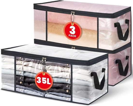Set Mit 3 Transparenten Kleideraufbewahrungsbeuteln 35l，aufbewahrungsbox Für Unter Das Bett/den Kleiderschrank，bettbezug-organizer
