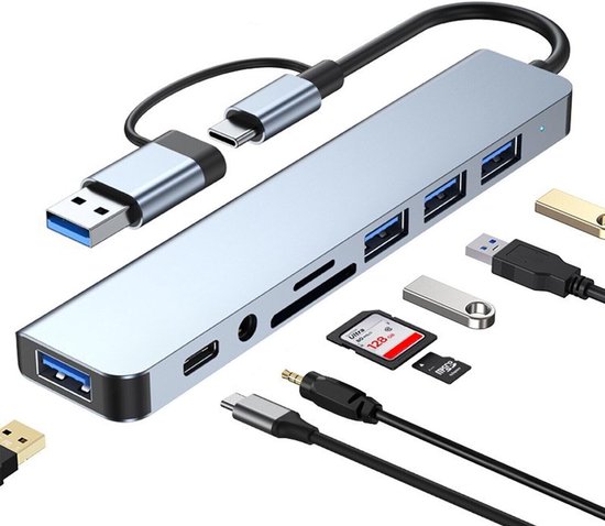 Dieser 8-in-1-usb-hub Aus Aluminium Verfügt Über Einen Usb-3.0-anschluss，drei Usb-2.0-anschlüsse，einen Usb-c-anschluss，laptops Und Tablets
