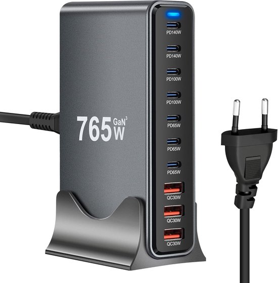 765-w-usb-ladestation，10 Anschlüsse (7 Usb-c + 3 Usb-a) Mit Schnellladefunktion，kompakter Multi-geräte-ladehub，iphone 16/15/14，galaxy S22/s20