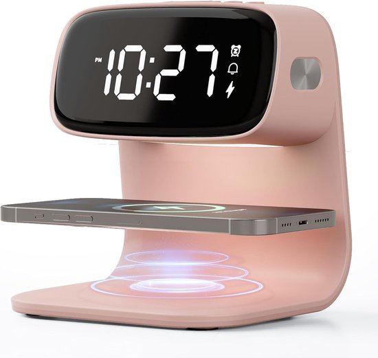 Digitaler Wecker Mit Kabelloser Schnellladestation，15-w-touch-smart-lampe Für Den Nachttisch，neben Dem Bett Und Für Tiefschläfer (rosa)