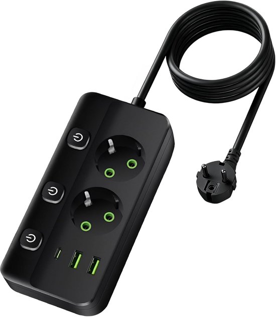 5-in-1 Mehrfachsteckdosenleiste Mit Schalter，2 Steckdosen，3 Usb-c- Und Usb-a-anschlüsse，2 Meter Verlängerungskabel，geeignet Für Zuhause