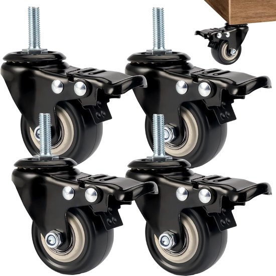 4-teiliges Set Schwenkbarer Möbelrollen Mit M8x25-mm-gewindebolzen，50 Mm Schwerlast-möbelrollen Mit Bremse，gesamttragfähigkeit 210 Kg