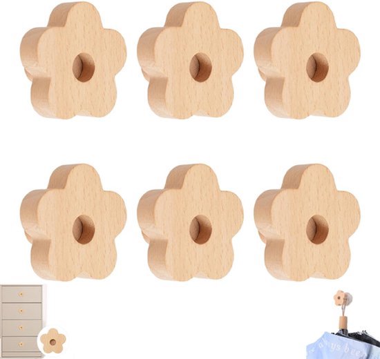 6-teilig，holzknöpfe Mit Blumenmuster，buchenholzgriffe Mit Einem Loch，holzgriffe Mit Blumenmuster，schrankknöpfe Aus Holz