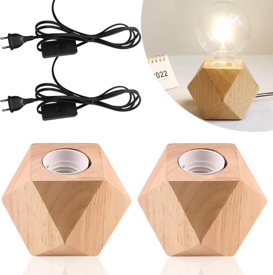 2-teilige Tischleuchte Aus Holz，nachttischlampe E27，kleine Nachttischlampe Mit Rautenförmigem Holzsockel，holzsockel E27