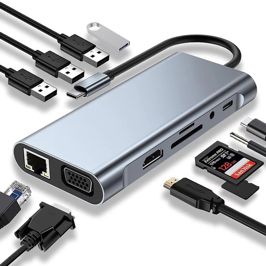 Usb-c-hub, Dockingstation, 11-in-1 Usb-c-adapter Mit 4k Hdmi-, Vga- Und Usb 3.0-anschlüssen.