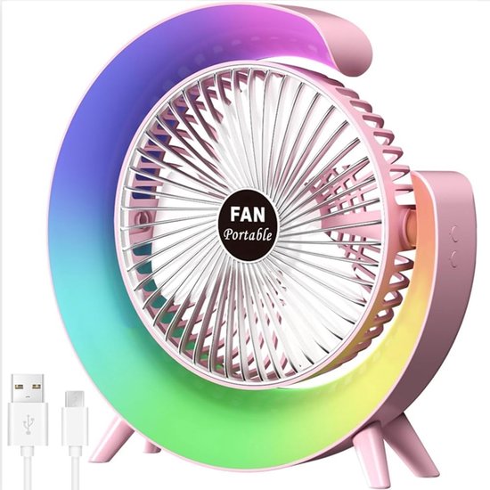 Neuer Usb-tischventilator Mit 3 Geschwindigkeitsstufen Und Farbiger Led-beleuchtung，180° Drehbar，schlafzimmer Und Studentenzimmer (pink)
