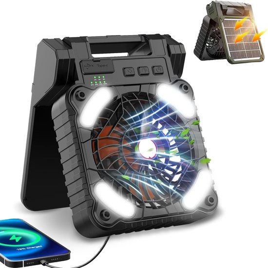 Tragbarer Solarventilator Mit Lampe, 5200 Mah Akku, Wiederaufladbar, Faltbar, Geeignet Für Outdoor-aktivitäten, Reisen Und Angeln