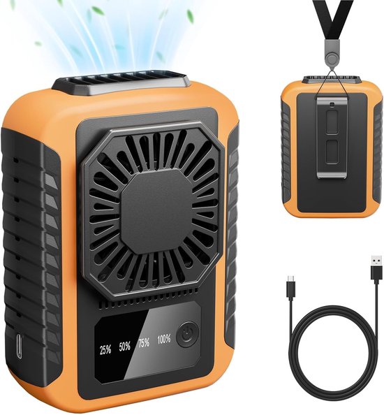 Tragbarer Hüftventilator，6000 Mah Akku，3 Kühlstufen，5600 U/min，usb-ladefunktion，20u-betrieb，orange