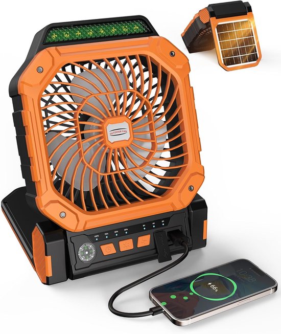 Solarventilator Mit Akku，4 Helligkeitsstufen + Led-taschenlampe，mit Fernbedienung Und Timer (2/4/8 Std.)，usb-c/solarbetrieb，orange