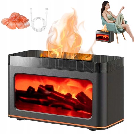 Luftbefeuchter，3d-flammen-atmosphäre Mit Salzbehälter，schwarz，200 Ml，ultraschallvernebelung & 7-farbige Led，usb-netzteil，inklusive 50 G Salzstein
