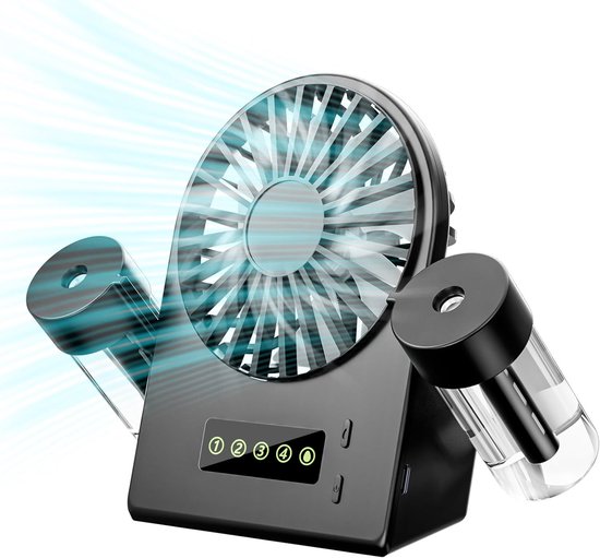 Tischventilator Mit Wassernebel – Usb-aufladbar – 4 Geschwindigkeitsstufen – Zwei Sprühköpfe – Schwarz