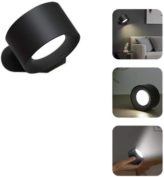 Lampe，wandleuchte Für Den Innenbereich，led-wandleuchte，batteriebetriebene Wandleuchte (1 Stück)，3 Helligkeitsstufen，360° Drehbar，schwarz