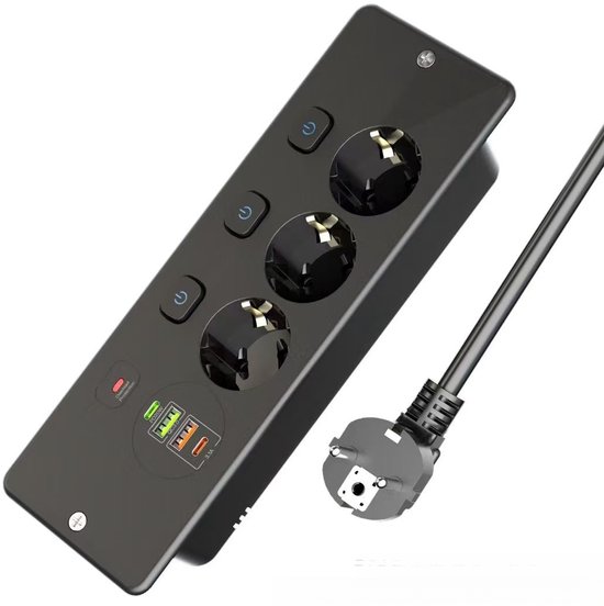 Versenkbare Tischsteckdose – 3 Löcher – 4 Usb-anschlüsse – Usb-c – Schwarz