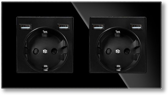 Doppelsteckdose Mit 4 Usb-anschlüssen (2 × Typ A，max. 2,1 A Gesamt)，doppelter Anschluss Mit Sicherheitsglas，schwarz