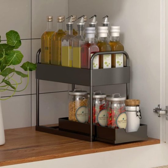 2-stöckiges Aufbewahrungsregal Mit Auszugsschublade – Küchenorganizer – Platzsparendes Design – 40 X 22 X 30,5 Cm – Schwarz