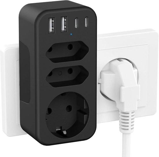 Steckdosenverteiler – Lade-hub – Mehrere Geräte Gleichzeitig Laden – 4 Usb-anschlüsse – 7 Anschlüsse – Schwarz