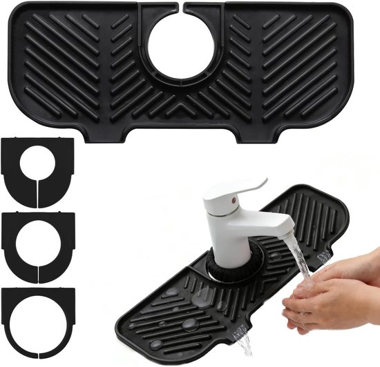 1 Spritzschutz Für Das Waschbecken，silikon-abtropfmatte Für Den Wasserhahn，verstellbarer Ring In 3 Größen，schwarz，27 X 11 Cm