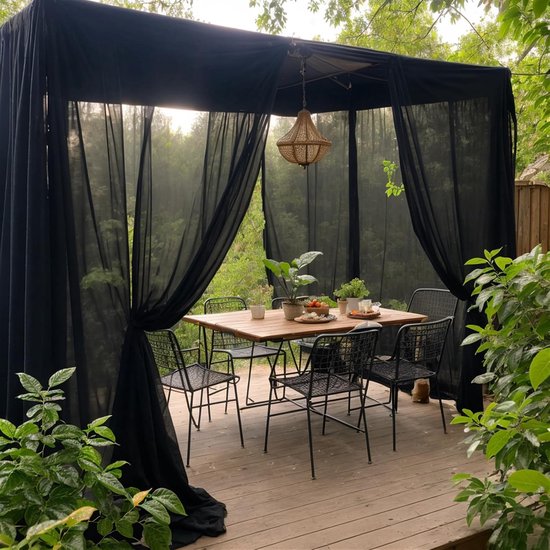 Sonnensegel, Gardinen Für Balkon, Terrasse, Garten Und Schlafzimmer, Transparent, Voile, Wasserdicht, 2-teilig, Schwarz, 160 X 305 Cm